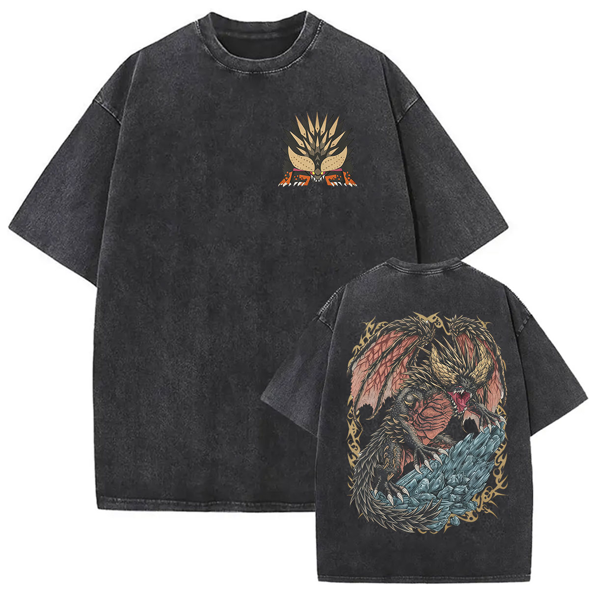 Retro Gaming T Shirt - เสื้อยืดลายกราฟิกมอนสเตอร์ฮันเตอร์สไตล์วินเทจ ลายเนอร์จิกาเต้ มังกรสูญพันธุ์ เสื้อยืดสำหรับแฟนเกม เสื้อผ้าผู้ชาย เสื้อยืดโอเวอร์ไซส์